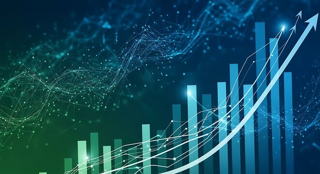 Digital growth chart with upward arrow and network connections