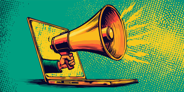 Ein Megafon verk&uuml;ndet lautstark Botschaften aus einem ge&ouml;ffneten Laptop-Bildschirm.