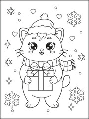 Cute cartoon cat holding a Christmas gift box. Holliday coloring page for kids. Cute cat wearing a winter hat and scarf, , surrounded by snowflakes and hearts.