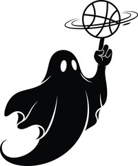 Ghostly figure spinning basketball on finger with supernatural skill and ease