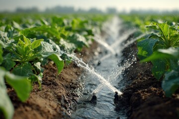 Advanced data analytics enabling efficient smart irrigation systems in a lush green field during early morning hours