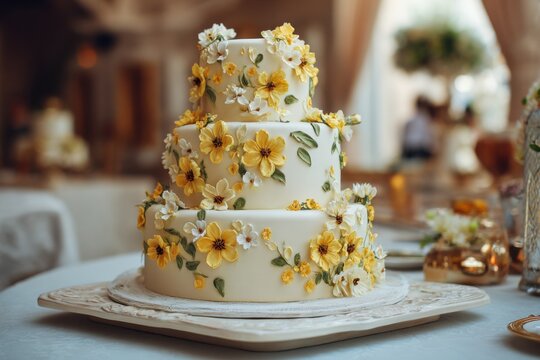 Elegant three-tier wedding cake decorated with vibrant yellow flowers for a joyful celebration at a charming venue
