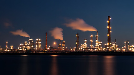 The illuminated industrial complex at night presents a striking contrast between human industry and the natural world, highlighting energy production and infrastructure.
