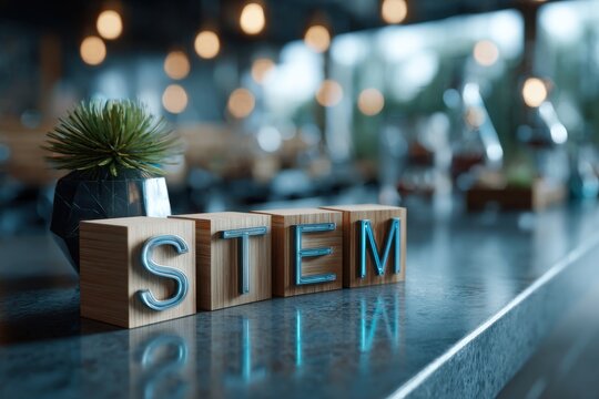 Stem Science Technology Engineering Mathematics blocks displayed on a table in a modern educational setting surrounded by plants and warm lighting