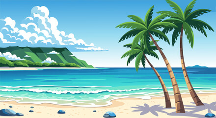 Tropical beach scene with palm trees, ocean waves, and a distant green mountain under a blue sky with clouds