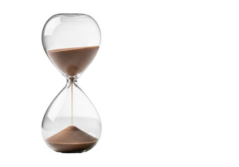 A pristine clear glass hourglass with light brown sand actively pouring, perfectly balanced on a transparent surface in a modern studio, concept of strategic time utilization