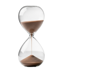 A pristine clear glass hourglass with light brown sand actively pouring, perfectly balanced on a transparent surface in a modern studio, concept of strategic time utilization