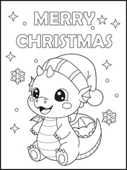 Cute cartoon dragon coloring page for kids and adults. Baby animal wearing a Santa hat with the text 
