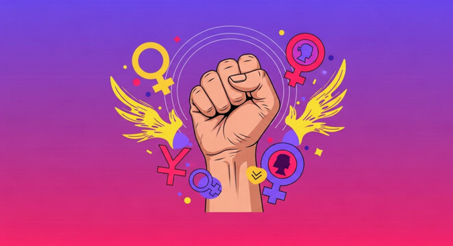 Empowering feminism illustration featuring raised fist and female symbols for social justice equality rights