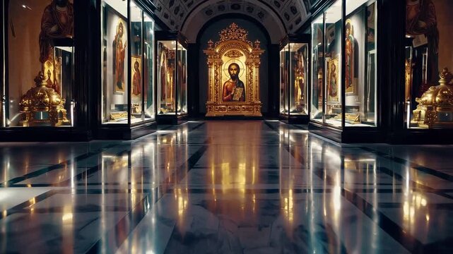 Religious icons displayed in museum hall. Gold-framed treasures line corridor under lights. Culture and heritage preserved in sacred exhibit. Historical artifacts highlight museum treasure collection.