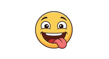A playful and goofy yellow emoji face with a wide smile and its tongue sticking out on a white background.