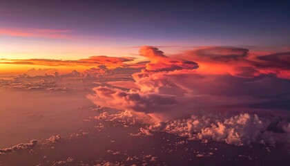 Aerial view captures a vibrant sunset. Intense hues paint the sky and cloud formations. Light filters creating an ethereal, dramatic scene
