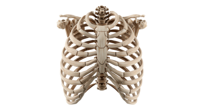 Human rib cage anatomical structure made of wooden-like 3D material showing realistic chest bones and skeletal anatomy model detail on white background