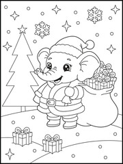 Cute elephant coloring page for kids and adults. Happy animal dressed as Santa Claus with a sack of gifts. Black and white line art for children.