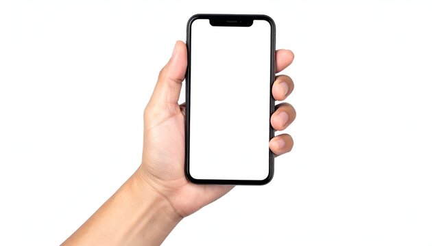 Hand holding a modern smartphone with a blank white screen, isolated on white background - Powered by Adobe