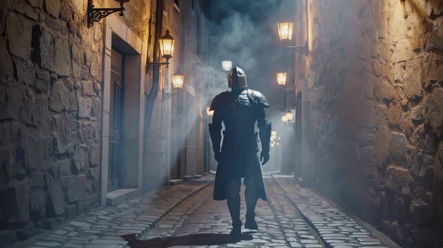 knight in armor and helmet walks down narrow alley. lantern light scatters across cobblestone and fog. stonewall rises along street. silhouette emerges in night. lantern glow mixes with thin smoke.
