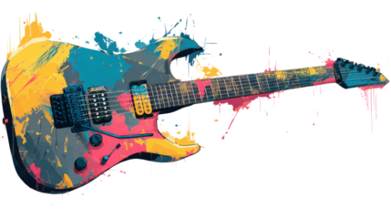 Vibrant electric guitar covered in bright colorful paint splashes, artistic musical instrument design with abstract paint strokes and creative expression on white background