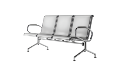 Modern metal three-seater bench for waiting area or airport lounge interior design, contemporary stainless steel furniture style and comfort on white background
