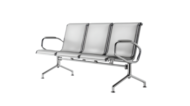 Modern metal three-seater bench for waiting area or airport lounge interior design, contemporary stainless steel furniture style and comfort on white background