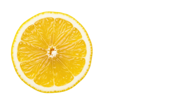 Pristine, vibrant yellow lemon slice, symmetrical segments, juicy pulp, moist and glistening, on a seamless transparent background with copy space, concept of natural freshness and vitality - Powered by Adobe