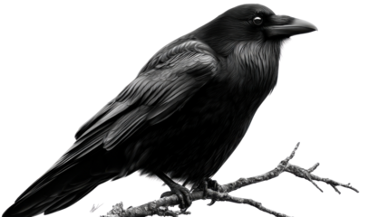 Black raven perched on dry branch symbolizing mystery intelligence darkness and gothic wildlife concept detailed feather bird illustration on white background