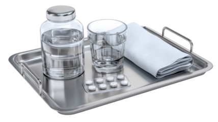 Stainless steel medical tray with glass water bottle pills and folded towel representing healthcare hospital treatment and hygiene concept on white background