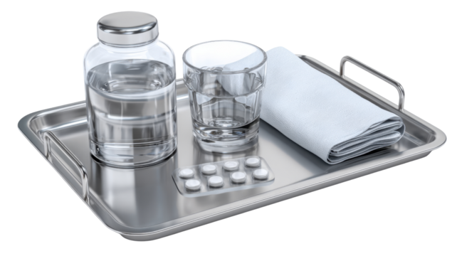 Stainless steel medical tray with glass water bottle pills and folded towel representing healthcare hospital treatment and hygiene concept on white background - Powered by Adobe