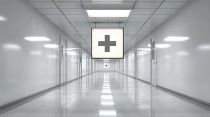 Fototapeta premium Bright modern hospital corridor interior with clean white walls medical cross sign and sterile healthcare environment concept design on white background