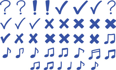 Hand-Drawn Blue Symbol Set: Question Marks, Exclamations, Checkmarks, Crosses, and Music Notes. Versatile Icon Collection for Communication & Design.