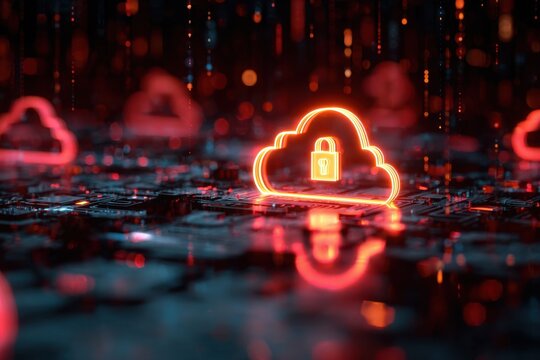 Digital cloud network showcasing advanced AI security features in an abstract environment with glowing elements and vibrant colors