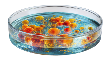 Colorful oil and water bubbles floating in glass petri dish showing chemistry reaction experiment science texture and fluid dynamics concept on white background