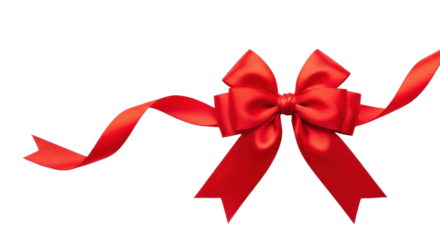 A vibrant primary red satin bow with elegant, flowing ribbons on a pristine bright white flat lay background, soft studio light, negative space for text. Concept for elegant gifting and celebration