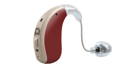 Modern digital hearing aid device with earpiece showing medical technology and sound amplification concept for hearing loss assistance isolated on white background