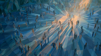 Illuminated Path: A multitude of figures traverse a luminous, radiant pathway, the light guiding their journey through a world of possibilities, symbolizing unity and progress.