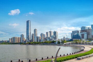 Skyscrapers by the lake, CBD of a big city, Shenzhen, China.