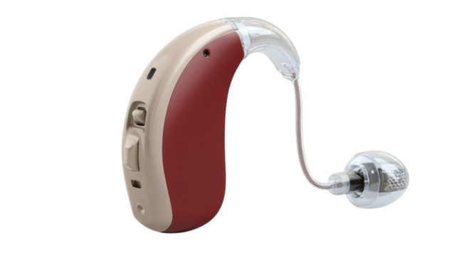 Modern digital hearing aid device with earpiece showing medical technology and sound amplification concept for hearing loss assistance isolated on white background