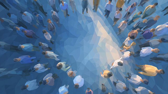Convergence of Collective Consciousness: An overhead perspective captures a multitude of individuals drawn towards a singular point of interest. Evoking themes of unity, community.