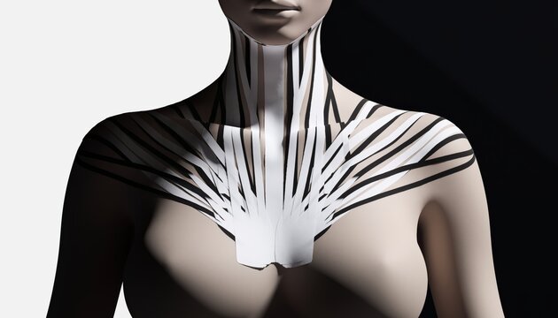 High-fashion abstract concept of kinesiology tape applied in graphic geometric lines on a mannequin's shoulder.