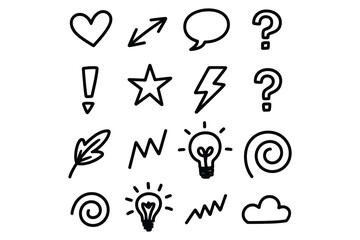 Hand Drawn Doodle Icon Set Arrow, Heart, Star, Lightning, Lightbulb, Swirl, Exclamation, Question, Cloud, Minimal Sketch Symbol Vector