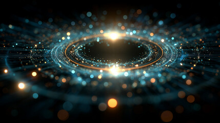 Celestial Rings: An abstract artwork depicting concentric rings of light and energy, suggesting the vastness of the cosmos, ideal for illustrating concepts of innovation and scientific discovery.