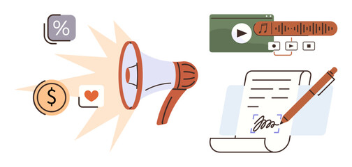 Megaphone spreading social icons, streaming media, and contract signing action. Ideal for marketing, analytics, media outreach, online growth, communication tools, advertising strategy simple flat