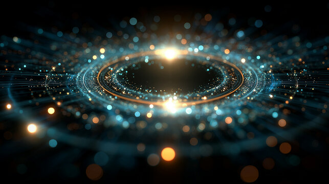 Celestial Rings: An abstract artwork depicting concentric rings of light and energy, suggesting the vastness of the cosmos, ideal for illustrating concepts of innovation and scientific discovery. - Powered by Adobe