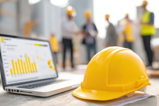 Construction workers collaborating with tools and a yellow hard hat on site during daylight hours