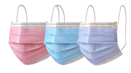 Set of pink blue and purple medical protective face masks for health care hygiene and pandemic safety concept isolated on white background