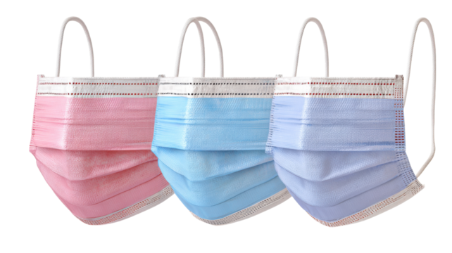 Set of pink blue and purple medical protective face masks for health care hygiene and pandemic safety concept isolated on white background