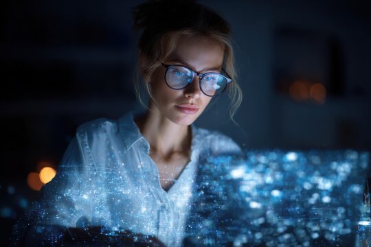 Creative businesswoman working on a digital project with a hologram display in a modern office during the evening hours