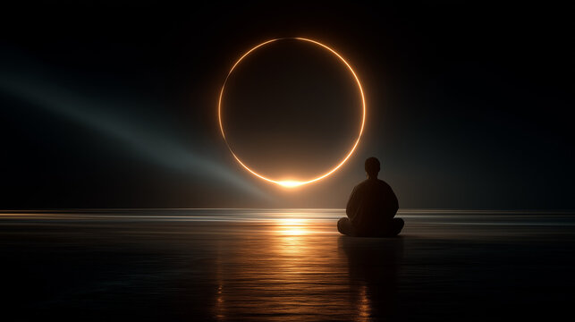 Contemplative Enlightenment: A solitary figure sits in serene meditation before a luminous halo, bathed in ethereal light, exploring themes of introspection and spiritual reflection. 