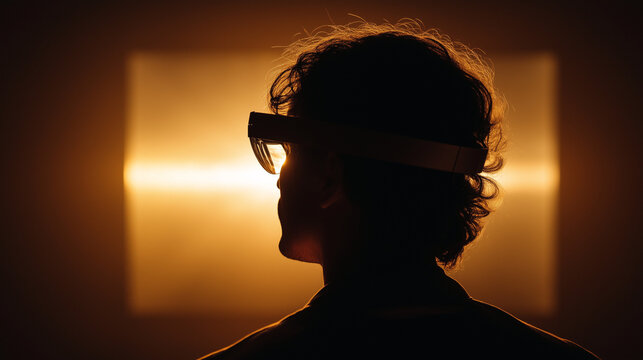 Person in VR Headset Silhouette: A person is silhouetted wearing a virtual reality headset, with an illuminated square of light in the background, symbolizing immersion and the future of technology. 