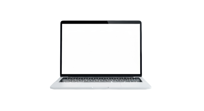 A pristine, silver modern laptop open with a transparent blank screen, centrally composed on a shadowless white studio background with copy space, concept of potential and new beginnings.