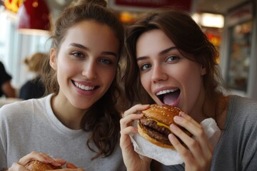 Friends enjoy delicious burgers in a cozy diner while smiling and sharing laughter during a casual hangout